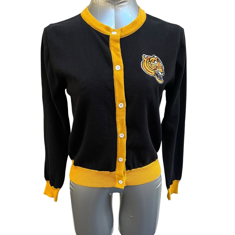 OXKNIT Black Gold Tiger Embroidered Button Front Cardigan Sweater Women’s Small